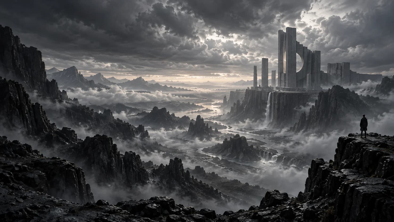 A monumental geometric structure above a dark mountain valley and clouds; original TARTARY portal concept